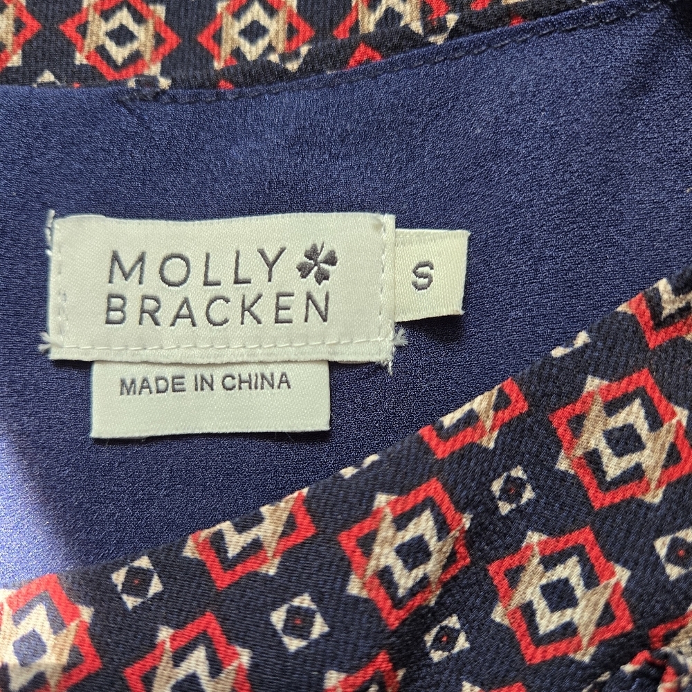 Molly Bracken Lightweight Patterned Long Sleeve Dress. Ruffled Shoulders. Small - Picture 10 of 14